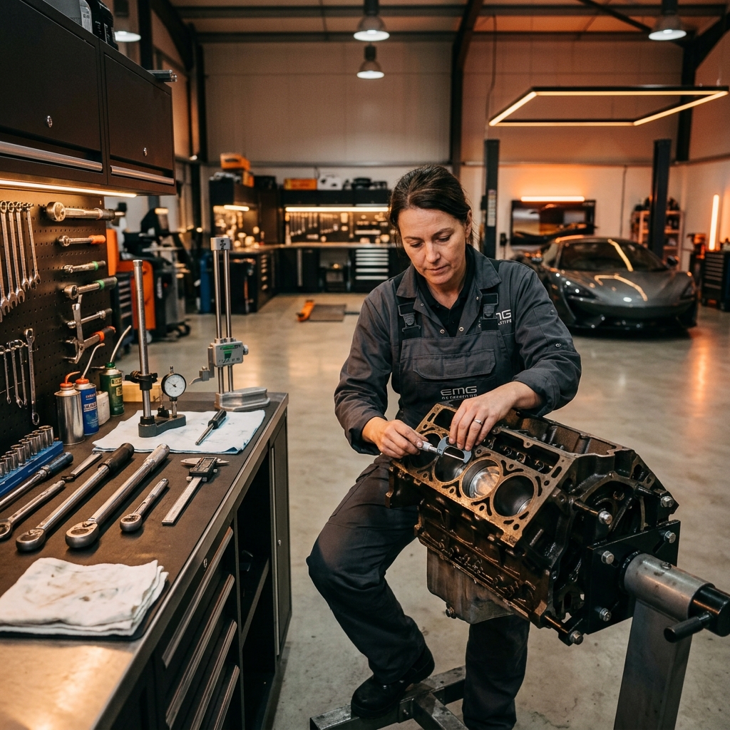 Professioneller Mechaniker bei der Motorüberholung in der Werkstatt