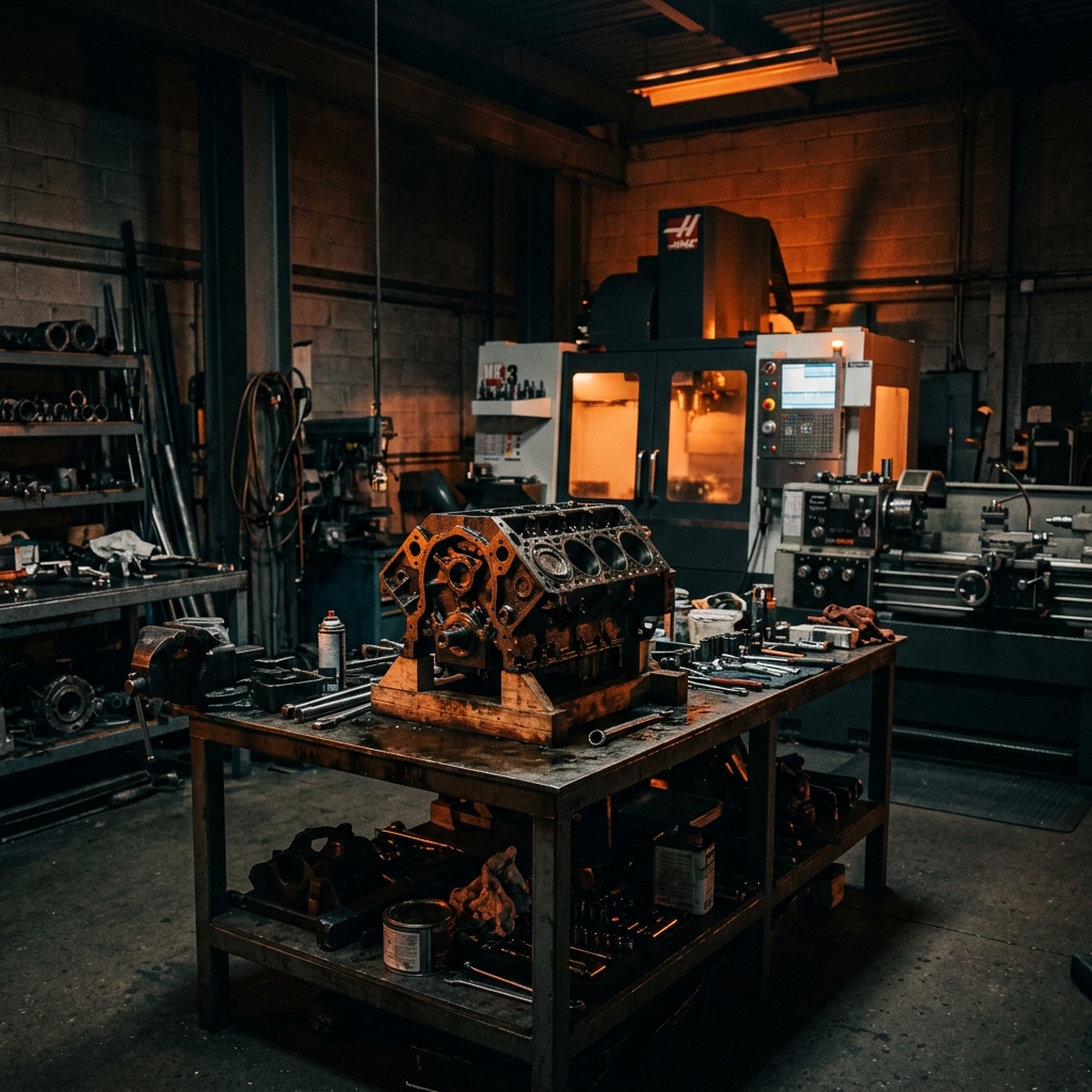 Professionelle Motorinstandsetzungs-Werkstatt mit Motorblock auf Werkbank und industrieller Beleuchtung
